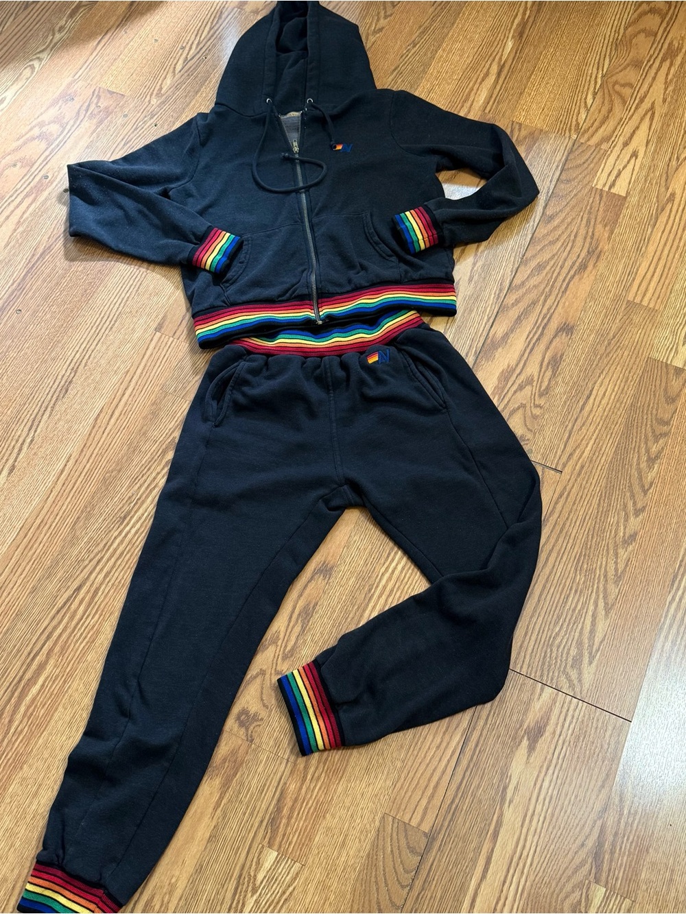 Aviator Nation Black Zip Hoodie & Rainbow-Trim Joggers